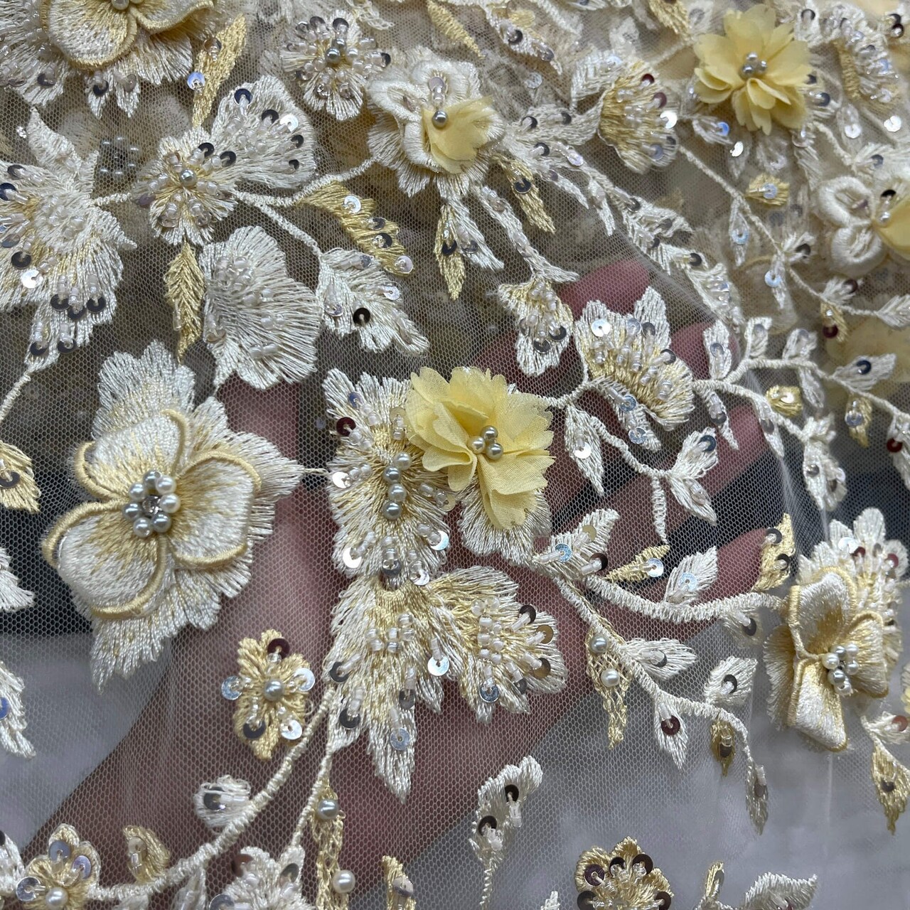1 Yard Beaded 3D Floral Lace Fabric 51" Wide Embroidered Bridal, Quinceañera & Evening Dress Lace